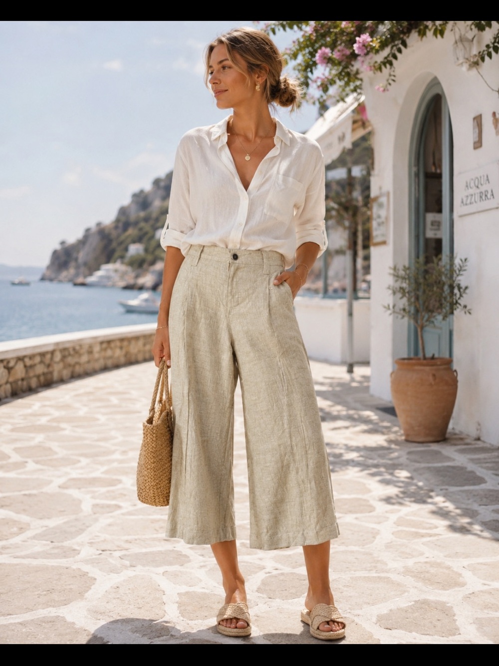 Tricot Chic Italy Linen Cropped Wide Leg Pants Coastal Natural Fiber